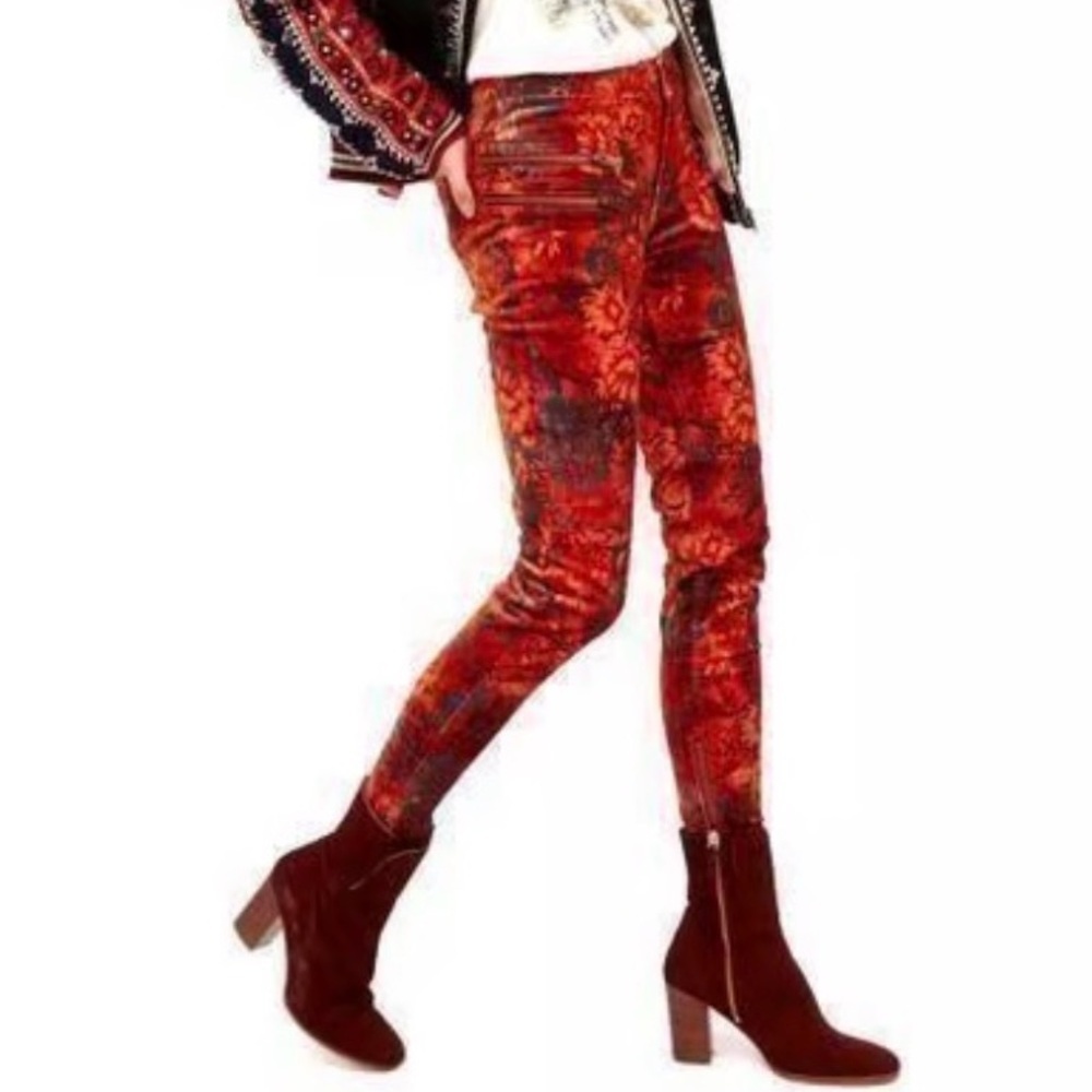Free People Lennon Floral Funkytown orange-red velvet skinny pants size 2